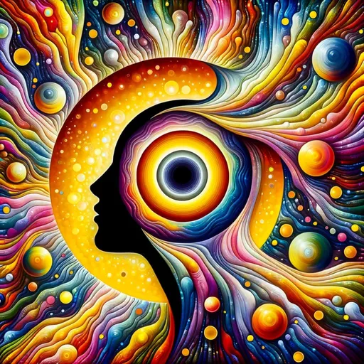 Prompt: A vibrant artwork captures the silhouette of a human profile adorned with a hollow, yellow halo-like headpiece. This figure is set against a backdrop of swirling, psychedelic patterns in vivid colors, dominated by a large central eye motif. Abstract elements and bubbles float and merge in this entrancing visual dance.