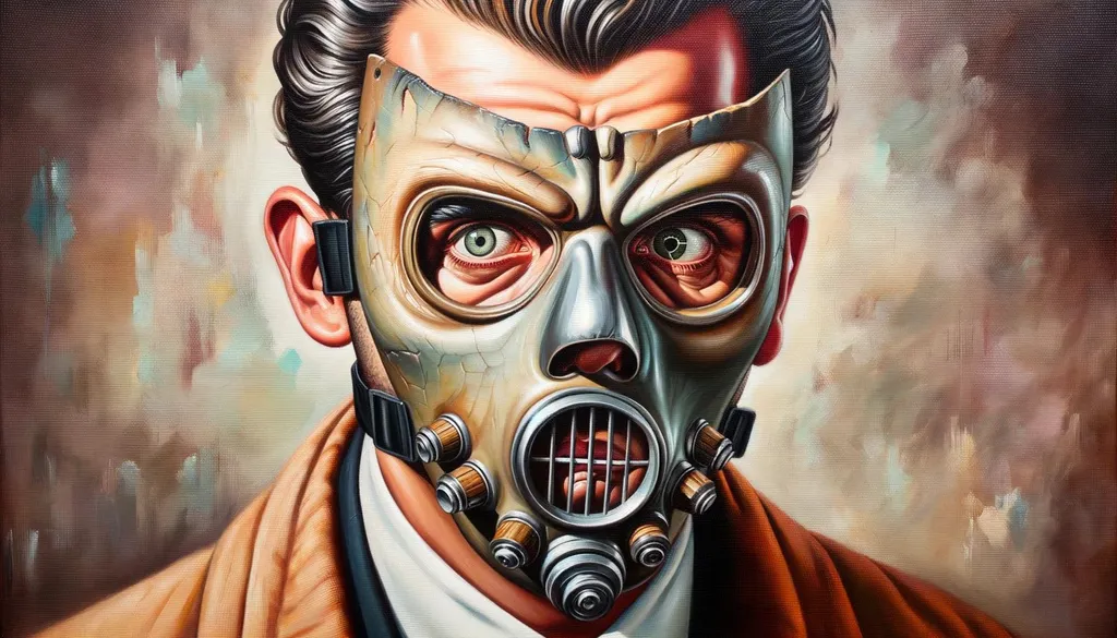 Prompt: Oil painting showcasing a man with a detailed head mask, with elements of expressive characters and a retro feel reminiscent of b-movie aesthetics.