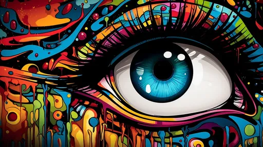 Prompt: A macro photography style image of a caricature-like cartoon girl with large, expressive eyes featuring various colors. The style should mimic psychedelic rock, with vibrant, colorful details, resembling a close-up macro photograph. The image echoes the artistic influence of Thomas Nast and iconic album covers, in a wide ratio format, with emphasis on detailed textures and photographic realism.