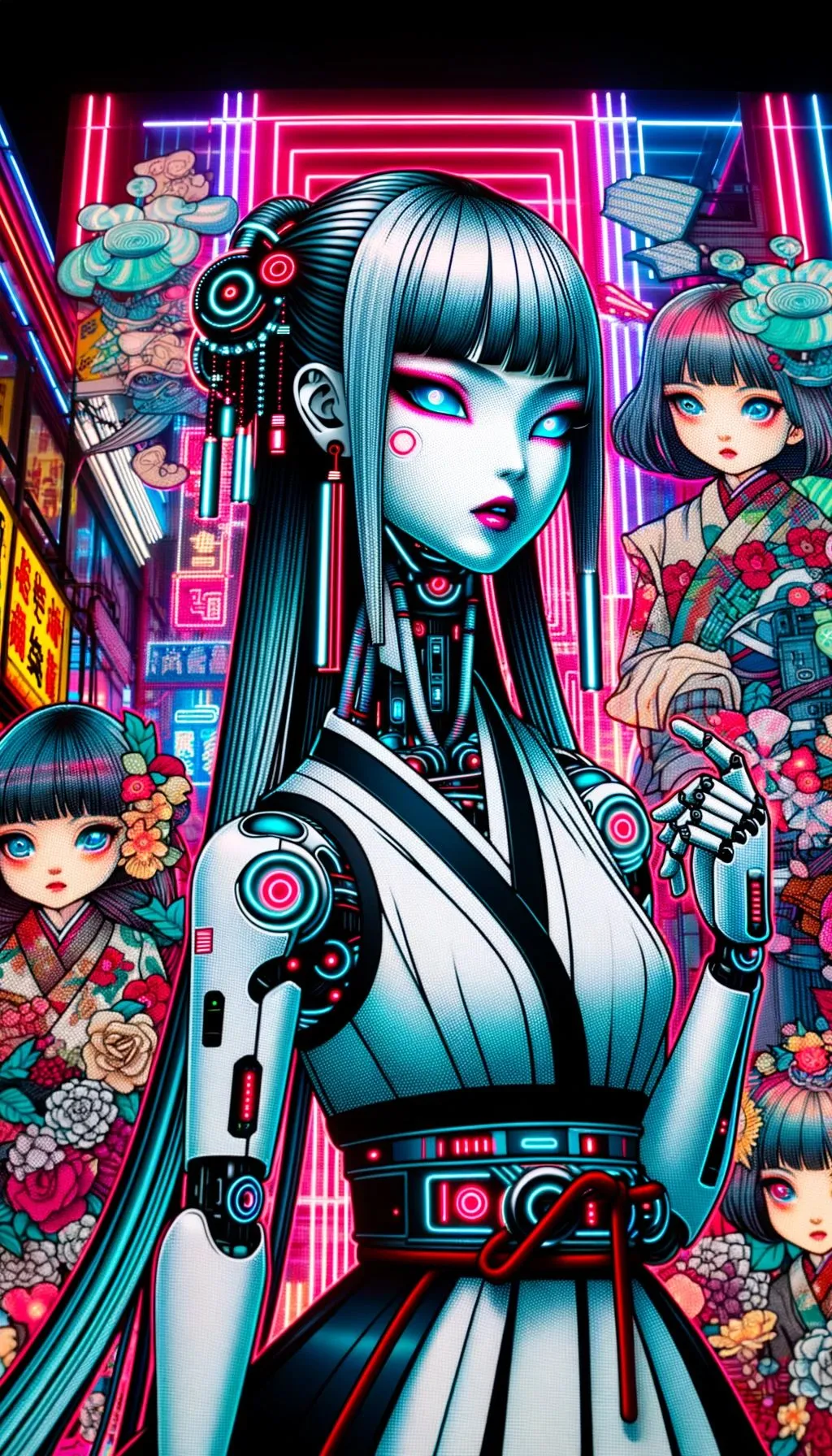 Prompt: Asian-inspired tall manga artwork featuring an artificial girl in a contrasting black and white attire. She is accentuated by neon glows of light blue and crimson. Robotics kids, their faces detailed with oversized features, enliven the colorful futurist background.