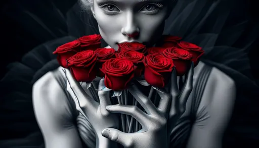 Prompt: A macro photography style image of a gray and white ballet dancer holding a bouquet of red roses, creating a stark contrast. The image should be in a wide ratio format. The focus should be extremely close-up, highlighting intricate details such as the texture of the ballet dancer's costume, the delicate petals of the red roses, and subtle expressions. The background should be blurred to emphasize the macro photography effect, with natural lighting and depth of field typical of a macro lens.