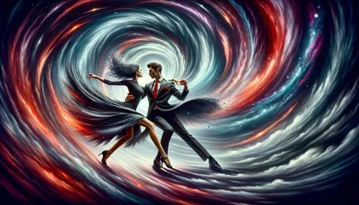 Prompt: Create an image of a dynamic dance battle set against the backdrop of a cosmic vortex. Two dancers, a man and a woman, are caught in the middle of an energetic competition. The man is in a sleek black suit with a vibrant red tie, and the woman is in a swirling grey dress with white accents that mimic the galactic whirls around them. They are both showing off their best moves, filled with rhythm and precision, as they try to outperform each other. The scene is charged with excitement as they feel the groove, their expressions focused and intense. Surrounding them, the vortex pulses with fiery reds, oranges, and cool purples, echoing the fervor of their dance-off. The artwork should capture the essence of rhythm and movement in a surreal, expressionist style that accentuates the high stakes of their dance battle.