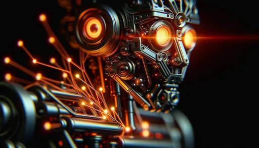 Prompt: An artistic macro photo focusing on the sophisticated design of a robot, bathed in neon-orange glows against a dark backdrop. The photo combines a close-up view with an artistic touch, highlighting the intricate details and pulsating lights to evoke a sense of mystery and intelligence.