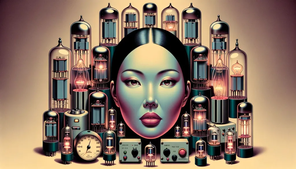Prompt: Digital art capturing a scene from the 70s where an Asian woman's face is juxtaposed with intertwining vacuum tubes and retro machinery. Her organic beauty contrasts with the technology, emphasizing her place in this bygone techno-era.