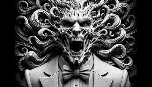 Prompt: Render of a sinister monochrome depiction of a male figure in a bowtie. His visage, encased by swirling patterns, breaks apart into several twisted and howling expressions, producing a spine-tingling and illusory impression.