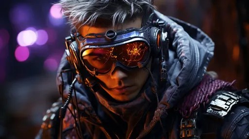 Prompt: Create an image that captures the essence of a macro photograph of a cyberpunk character. The character should be captured up-close, with fine details visible, such as the texture of the spiky purple hair, the intricate glowing circuitry within the yellow eyes, and the reflections on the surface of the goggles. The character's outfit should include a black tank top with a detailed skull design. The chains should have a heavy, metallic look with a tactile texture. The cybernetic enhancements should be highly detailed, showcasing the reflections and minute engravings on the metallic arm guards. The tattoos should appear almost lifelike, with a depth that reveals the character of the ink on skin. The background should blur into a bokeh of pink, with the black splatters providing a contrast, enhancing the sense of an up-close and personal photograph with a shallow depth of field.