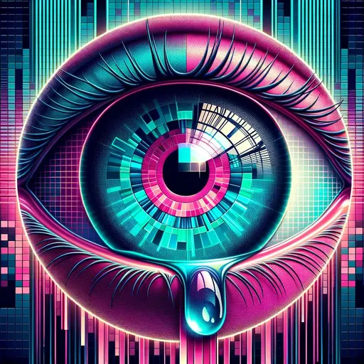 Prompt: In a full square format, present a magnified eye where the iris gleams in brilliant turquoise and pink tones. The entire backdrop showcases pixelated patterns, and from the eye, digital tears cascade, fusing modern aesthetics with deep emotion without any borders.