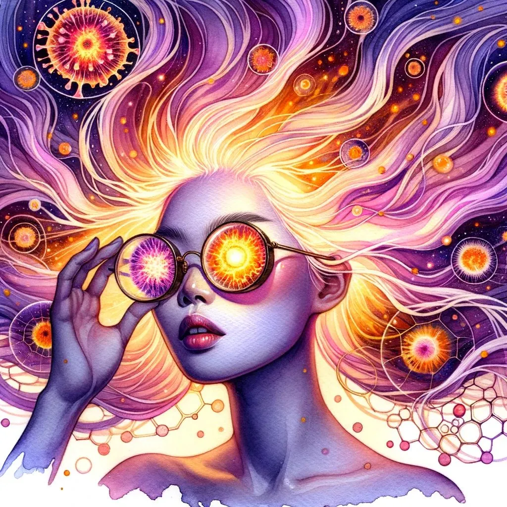 Prompt: Watercolor painting of an East Asian woman projecting an otherworldly vibe, her magnified glasses reflecting a fiery burst. Her hair drifts like golden cirrus clouds, and she's framed by flame-inspired patterns and cellular graphics. Her skin glows in violet hues, juxtaposed against the fiery ambiance.