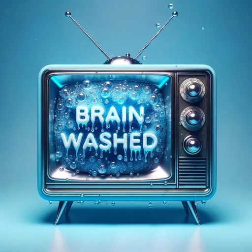 Prompt: On a tranquil blue background, a vintage television set stands out. The TV's screen is alive with a shimmering blue fluid, in which the words 'BRAIN WASHED' are dramatically presented. The television's side is detailed with old-timey buttons and dials, and it's framed by droplets, adding to the 'brainwashing' concept.