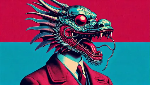 Prompt: A raw photo-style illustration of a dragon person, capturing Japanese art influence, retro-futuristic propaganda, and 19th century American art. The image should exhibit high-contrast realism, odd juxtapositions, and feature crimson and azure tones, embodying a critique of consumer culture. The image should be in a wide ratio and resemble an unedited photograph.