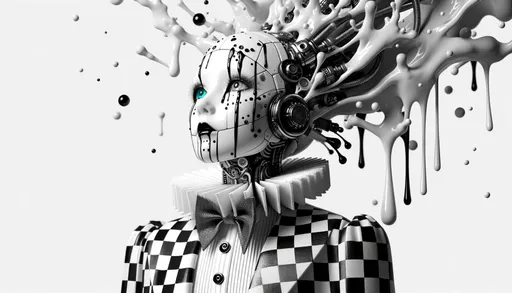 Prompt: 3D visualization of a whimsical cyborg woman wearing a checkered ensemble, emphasizing the paint dripping technique, with stark black and white contrasts, detailed features, and a hint of gothic futurism.