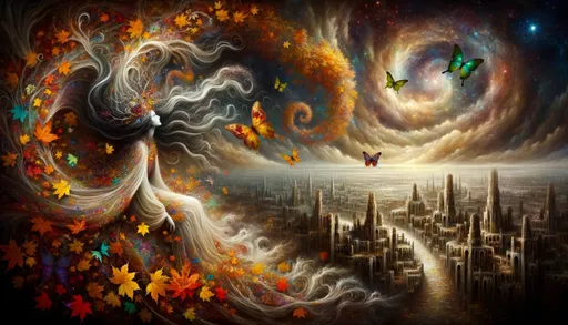 Prompt: A sweeping scene depicts a spectral woman with billowing dark hair, draped in intricate adornments and lively fall leaves. Varicolored butterflies hover near her as she contemplates a skyline dotted with obscure ancient ruins. The milieu glows with a rich golden luminescence, reflecting a sense of wonder and mysticism.