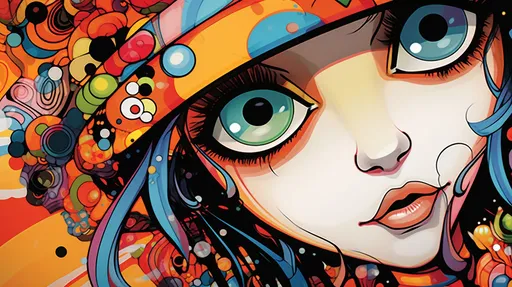 Prompt: A macro photography style image of a caricature-like cartoon girl with large, expressive eyes featuring various colors. The style should mimic psychedelic rock, with vibrant, colorful details, resembling a close-up macro photograph. The image echoes the artistic influence of Thomas Nast and iconic album covers, in a wide ratio format, with emphasis on detailed textures and photographic realism.