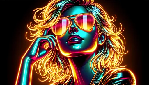 Prompt: neon lightshaded human girl in glasses, liquid metal, uhd image, golden light, bold lines, bright colors, retro-style