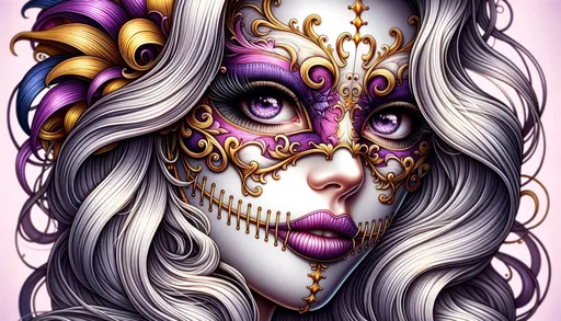 Prompt: Illustration of a captivating female figure with elaborate purple and golden mask makeup. The intrigue in her eyes is evident as they look out from behind the disguise, complemented by her snowy hair that drapes beautifully. The stitched mouth pattern and ornate additions provide a mix of haunting allure and elegance.
