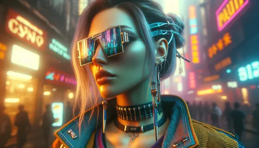 Prompt: Create an ultra-realistic raw photograph of a female figure in a cyberpunk style. The image should capture the essence of a candid shot, with natural lighting that accentuates the textures and materials of her attire and accessories. Her futuristic sunglasses should reflect a neon-lit cityscape, while her facial features should exhibit lifelike detail, such as subtle skin imperfections and realistic hair strands. The composition should convey a spontaneous moment, as if caught in the middle of a vibrant, futuristic metropolis. The color palette should be diverse but natural, avoiding over-saturation, to mimic the authenticity of a raw, unedited photo.