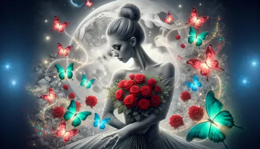 Prompt: Enhanced image of a gray and white ballet dancer with a bouquet of red roses. The dancer is now illuminated by a soft, shimmering light, adding a magical glow. Around her, float luminescent butterflies in various colors, contributing to a whimsical and enchanting atmosphere. The background features a hint of a moonlit sky, deepening the dreamlike and mystical ambiance of the scene.