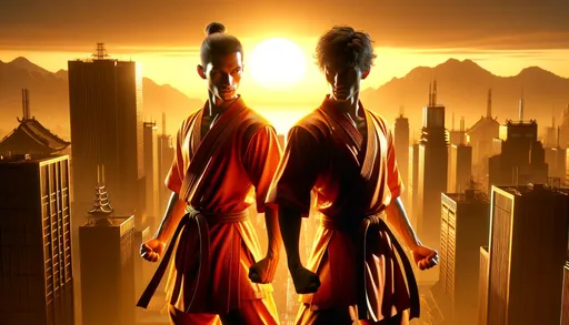 Prompt: 3D visualization of two martial artists in radiant orange attire, their silhouettes sharply contrasted against a bustling cityscape. Their intense gazes and poised stances hint at an imminent duel. The setting sun casts long shadows, while distant mountains add depth and atmosphere to the scene in wide ratio