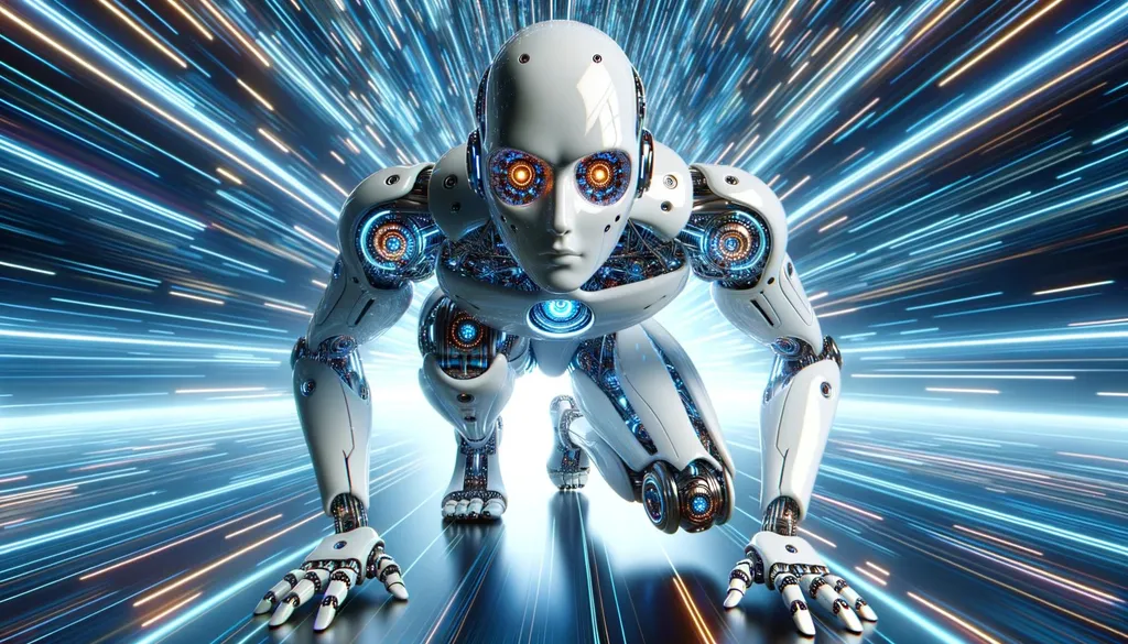 Prompt: Across a wide canvas, a robot with a polished white finish assumes a crouching pose. Its eyes, glowing with an amber hue and filled with elaborate electronic designs, exude intensity. Vibrant blue lights accent its structure, contrasting beautifully with a backdrop that evokes a world of future technology.