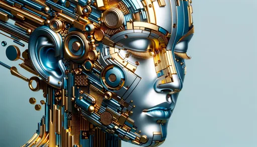 Prompt: 3D render of a futuristic woman's face crafted from metallic materials. The color palette emphasizes gold and azure. The high-detail design incorporates fragmented advertising elements, with the overall image showcasing emotion and artistry rather than strict realism.