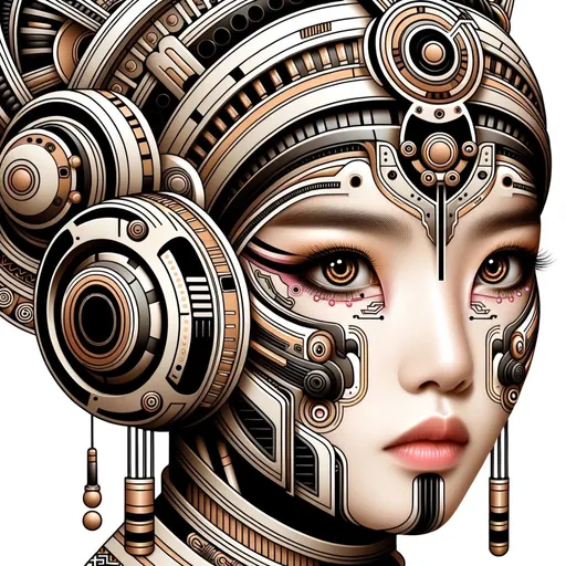 Prompt: Digital art of a jinxian young lady, adorned with futuristic fashion makeup and a headgear reminiscent of robotics. The design incorporates elements of Aztec art, with the colors predominantly being light bronze and dark black, rendering a lifelike appearance.