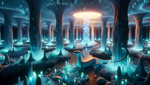 Prompt: 3D visualization of a realm filled with bioluminescent wonders. In this place, a genial creature enjoys the radiant surroundings, all the while shadowy figures with discerning gazes observe from the periphery, adding a touch of mystery.