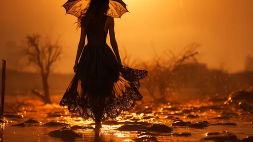 Prompt: The image depicts a silhouette of a woman standing amidst a golden field, holding a delicate lace umbrella. Her black dress flows gracefully down to the ground, contrasting with the warm backdrop. The scene exudes an air of mystery and serenity.