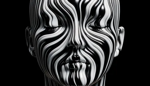Prompt: A glossy, synthetic face is swathed in undulating black and white stripes. Its closed eyes and somber expression create a trance-like aura, as if lost in digital meditation.