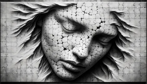 Prompt: A wide canvas captures the intricacy of a woman's face, reimagined in 3D using fractal techniques. This portrayal leans into melancholic symbolism, evoking the appearance of cracked stone sculptures. The face is assembled from puzzle-like fragments, radiating a sense of humanistic empathy, all in a striking black and white art style, with aspects appearing draped or slumped.