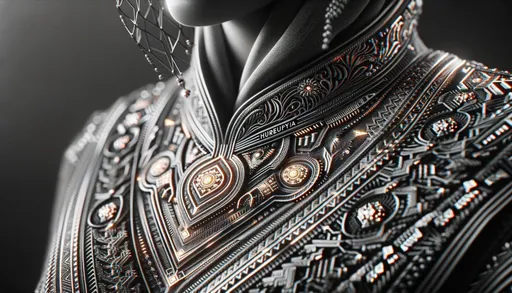 Prompt: Macro photo emphasizing the fine details of a futuristic textile worn by a person of South Asian descent. The fabric showcases modern ethnic motifs with 8k 3d tech embellishments. Elements of chromepunk are interwoven, and the textile seems to shimmer with a captivating gaze effect. Hurufiyya-inspired patterns delicately border the material.