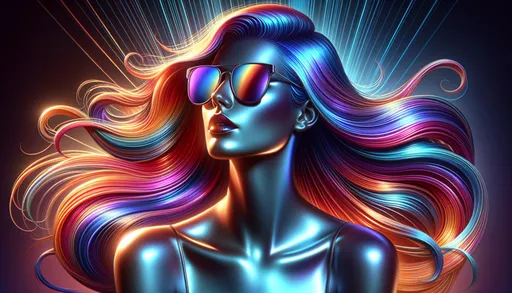 Prompt: Digital art of a woman with hair that flows like a rainbow, starting with reds and oranges and ending in purples and blues. She sports reflective sunglasses with a hint of a cloudy sky. Her skin glows with a metal-like sheen, and the scene is lit up by radiant blue beams in the background.
