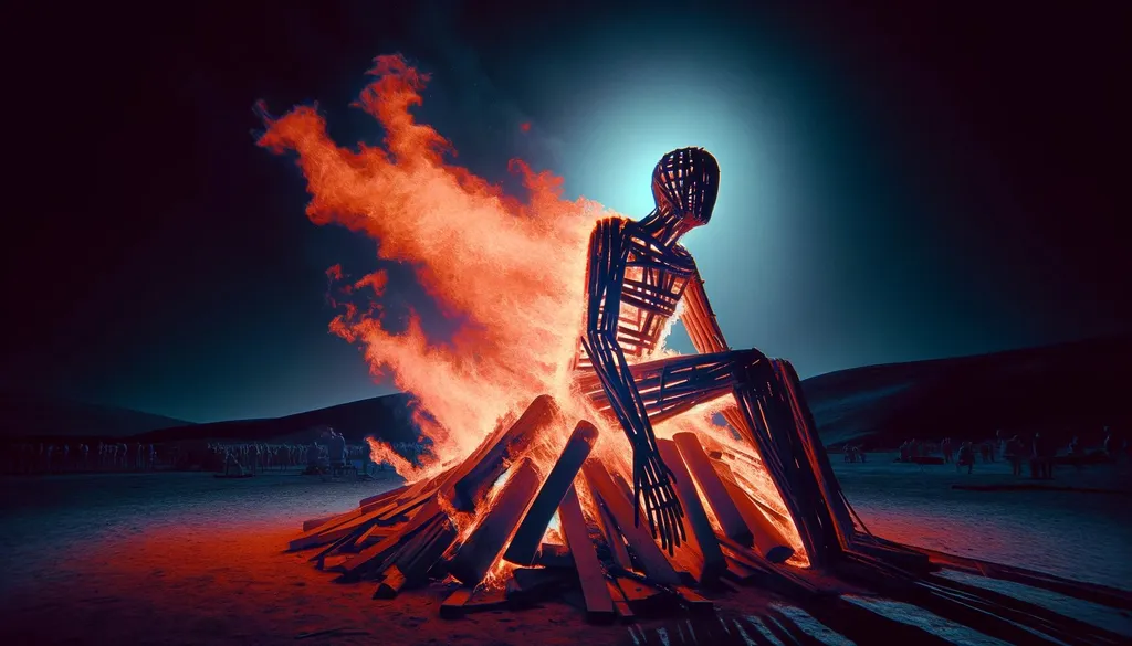 Prompt: aesthetic infrared photo of a burning man made of wood, with a focus on composition and color contrasts, highlighting the silhouette against a dark sky in a wide ratio