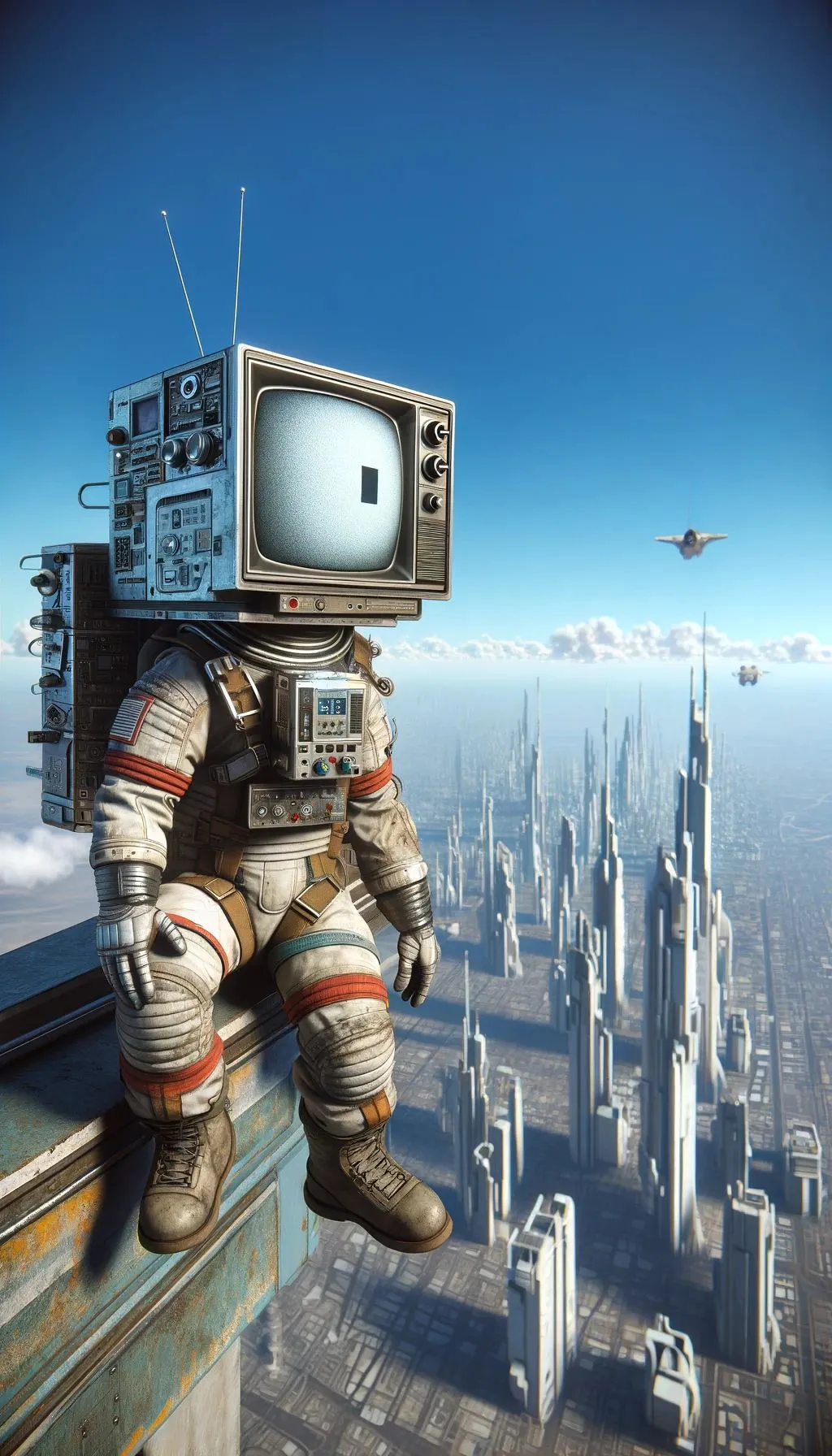 Prompt: Create an image that resembles a raw, unedited photo of a stylized astronaut with a large, retro television head. The TV screen should depict a basic facial expression. The astronaut is hovering over an advanced cityscape with retro computers and parts scattered in the sky. The city below fades into the horizon, and the clear blue sky with sparse clouds suggests a sense of lofty elevation. The astronaut's suit should have a utilitarian appearance with visible wear and tear, including patches and straps, and hefty, worn space boots. This scene should mimic the authenticity of a candid photo, with natural lighting, soft shadows, and a depth of field that gives a realistic perspective, as if taken with a high-quality camera.