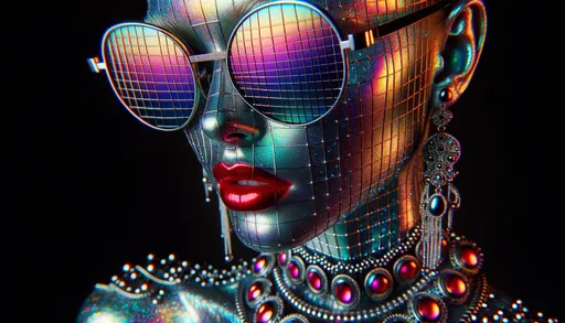 Prompt: Raw photo of a futuristic woman, draped in glistening, iridescent clothing and ornaments. Her expansive sunglasses, intricately designed, mirror a grid pattern that also appears in her backdrop. The attire seamlessly blends with the radiant digital shades, while her vivid red lips stand out as a stark contrast amidst the spectrum of colors.