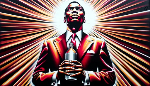 Prompt: Wide canvas capturing a person of notable appearance holding a bottle, bathed in god rays. The spray-paint based art style resonates with the Harlem Renaissance, with its bold color palette, definitive lines, and contrasting luminosity. The figure seems chiseled, harmonizing with poolcore motifs in the background.