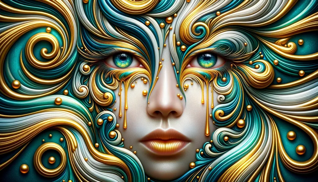 Prompt: A captivating face of an Asian woman takes shape from a concoction of radiant gold and lively teal. Whirling designs envelope her face, mirroring her contours and accentuating her striking blue eyes that appear to hold myriad secrets. Glistening gold drips from her eyes, suggesting the sorrows of an age-old spirit.