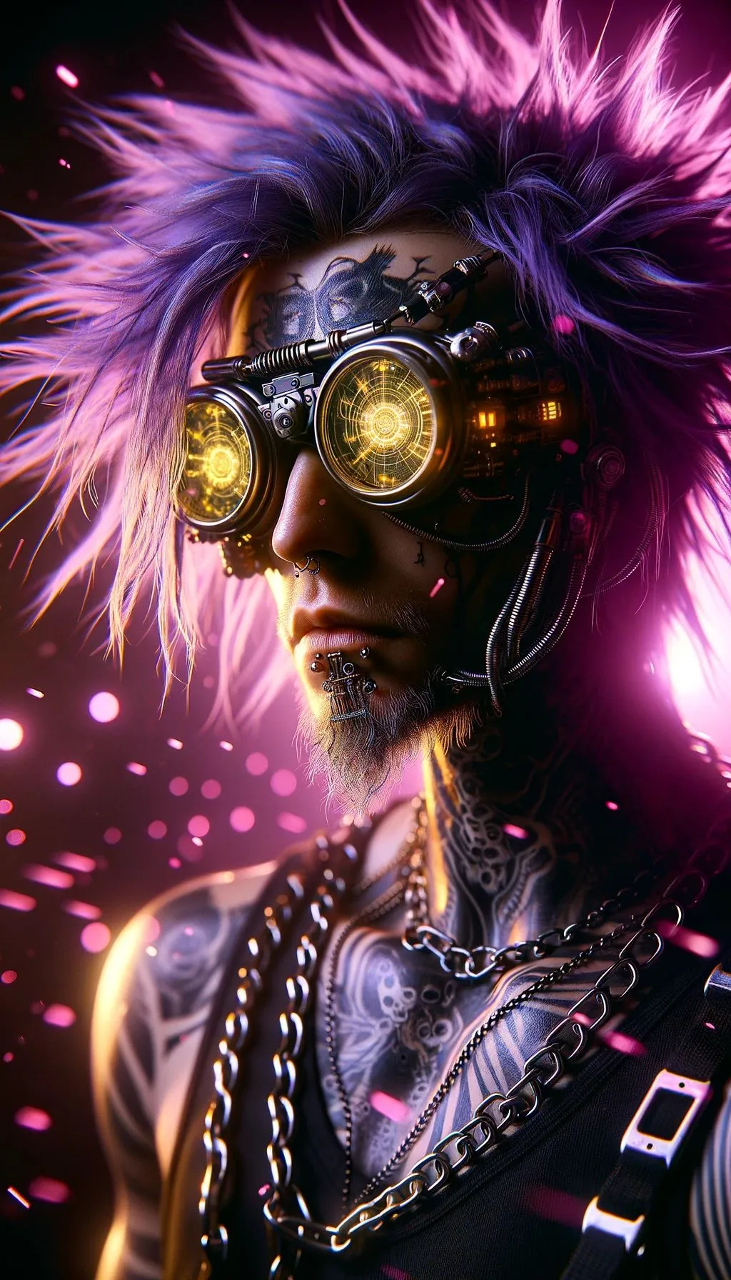 Prompt: Create an image that captures the essence of a macro photograph of a cyberpunk character. The character should be captured up-close, with fine details visible, such as the texture of the spiky purple hair, the intricate glowing circuitry within the yellow eyes, and the reflections on the surface of the goggles. The character's outfit should include a black tank top with a detailed skull design. The chains should have a heavy, metallic look with a tactile texture. The cybernetic enhancements should be highly detailed, showcasing the reflections and minute engravings on the metallic arm guards. The tattoos should appear almost lifelike, with a depth that reveals the character of the ink on skin. The background should blur into a bokeh of pink, with the black splatters providing a contrast, enhancing the sense of an up-close and personal photograph with a shallow depth of field.