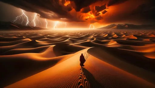 Prompt: The image captures a vast desert expanse under a dramatic fiery sky with bolts of lightning. Smooth, flowing dunes create mesmerizing patterns, stretching to the horizon. A solitary figure, draped in flowing robes, strides purposefully across the sand, leaving a trail of footprints behind. The entire scene is bathed in a warm, golden light, creating an atmosphere of mystique and grandeur.