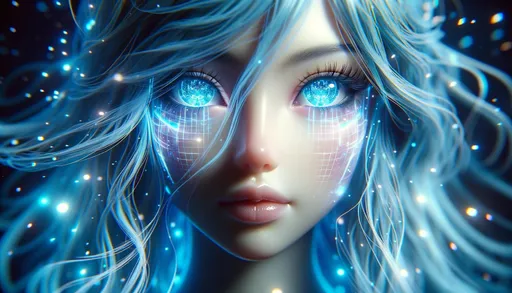 Prompt: Macro photo providing a close-up glimpse of a futuristic humanoid girl with cascading blue hair, her eyes shimmering with digital patterns, surrounded by soft glows and sparkles, emphasizing her otherworldly essence in wide ratio
