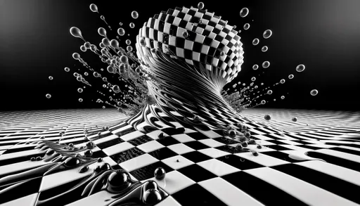 Prompt: A wide-angle scene shows a 3D entity with a checkerboard pattern, emerging dynamically from a viscous checkerboard-patterned liquid. The entity and the liquid share the same seamless design, giving the impression that the entity is born out of the liquid itself. The background is a pure black void, emphasizing the contrast and highlighting the details of the checkerboard pattern. The scene is further evolved with more intricate reflections and refractions within the checkerboard pattern, creating a more complex and captivating visual. The texture of the entity and the liquid is ultra-realistic, with a focus on deepening the 3D effect and enhancing the perception of movement.