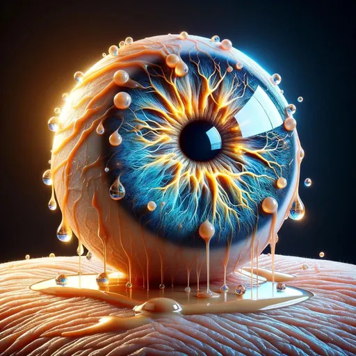 Prompt: Create a 3D render of a hyper-realistic eye with a high level of detail, featuring vibrant blue and gold hues. The render should include tears that reflect the eye within them, falling down textured, wrinkled skin. The iris should contain a unique pattern that resembles a forest silhouette encircling a luminous horizon.