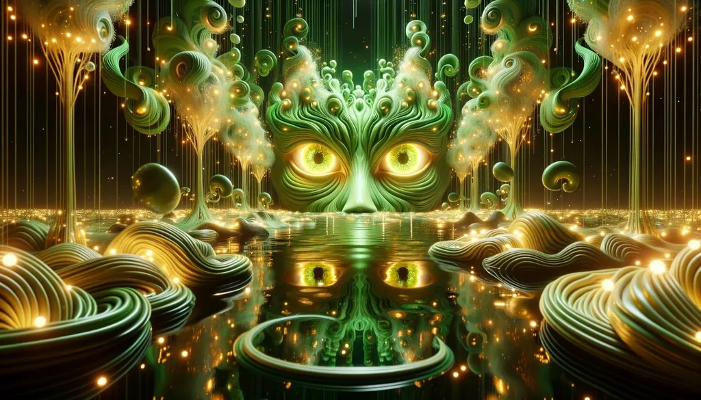 Prompt: 3D visualization of a dreamlike environment where luminous green figures with prominent, lively eyes come forth from a reflective pool. Their habitat is bathed in gold, flame-like illuminations and garnished with intricate twirls, radiating a magical aura in the deep darkness.