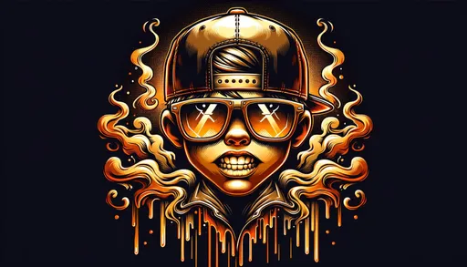 Prompt: a cartoon character in sunglasses and a baseball cap on a dark background, in the style of light painting, flawless line work, lyon school, orange and gold, mirrored, devilcore, hyper-realistic water in wide ratio