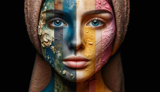 Prompt: Raw photo of a human face in different colors divided into sections, accentuating natural textures and contrasts in wide ratio