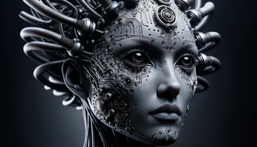 Prompt: Photorealistic image of a close-up of a humanoid with matte gray skin and deep-set black eyes. The face is intricately decorated with patterns made of silver and gold metals resembling circuits. A crown composed of coiled metallic wires projects from the forehead. The neck appears mechanical with a mesh of metal tubes. The backdrop casts a subdued dark hue.