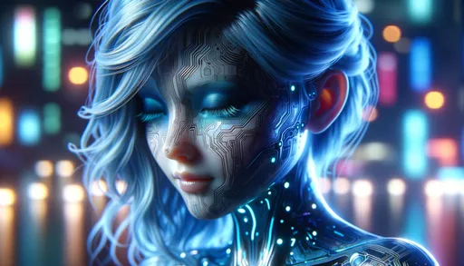 Prompt: Macro photo capturing the detailed features of a futuristic humanoid girl with luminescent blue hair, her skin revealing subtle circuitry patterns, set against a blurred backdrop of a neon-lit cybernetic environment in wide ratio