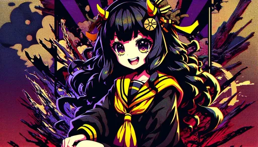 Prompt: an anime cartoon girl posing, in the style of Toonami, with a hard edge aesthetic, without any borders. The colors are predominantly dark black and yellow, inspired by Japanese prints. The background features dark purple and red hues with jagged edges, giving a sense of untrained artistic expression. The image should have an HDR (High Dynamic Range) appearance, emphasizing vibrant colors, enhanced contrast, and rich details, in a wide ratio.