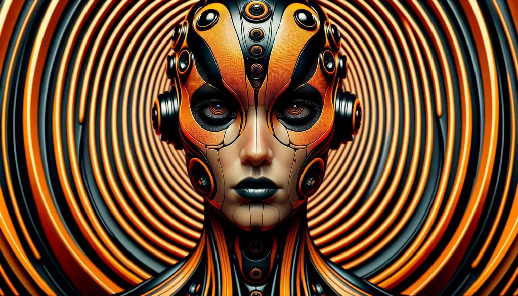 Prompt: Craft a hyper-realistic image resembling a raw photograph of a futuristic android. The android should have a humanoid face with refined features, and a sleek, segmented helmet in bright orange with black detailing, featuring circular motifs and protruding orbs. It should have sharp, dramatic eyes with heavy makeup and lips with a metallic orange sheen. The android's neck and upper torso should be designed with a flexible, mesh-like material with hexagon-shaped openings, subtly revealing the complex machinery within. The background should be a hypnotic array of concentric, curving stripes in alternating dark and light orange shades, giving a sense of depth and fluidity, all captured as though through the lens of a high-resolution, professional camera, complete with a shallow depth of field and a realistic texture that mimics a raw unedited photo.