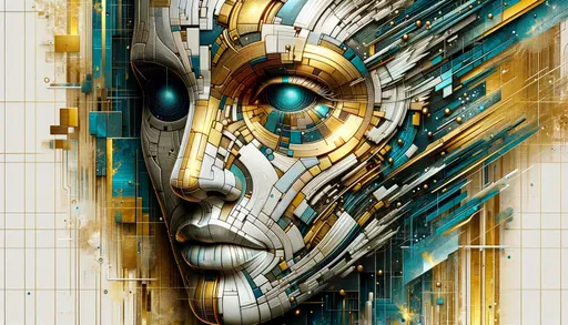 Prompt: Digital art of an abstract face, taking inspiration from cyberpunk aesthetics. Gold and azure dominate the color palette, with fragmented advertising visuals in the backdrop. The details exhibit a mix of organic and mechanical precision.
