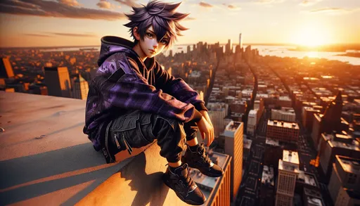 Prompt: Generate an image that emulates the appearance of an unedited photograph of a teenage boy with anime features, perched on the edge of a high building during sunset. The boy should have stylized spiky purple hair and wear a detailed purple and black hoodie, with textured black cargo pants and modern sneakers. His eyes are expressive, with a hint of reflectiveness indicative of deep contemplation. He has a casual cap tilted on his head. The image should have a photorealistic quality, capturing the raw textures of the clothing and the ambient lighting of the golden hour. The cityscape in the background is awash with the natural hues of the setting sun, interspersed with shadows and highlights that suggest the unaltered quality of a raw photo. The boy's pose is relaxed yet thoughtful, contrasting with the expansive urban environment below him. The photo should have the depth of field and detail that would be expected from a high-quality DSLR camera.